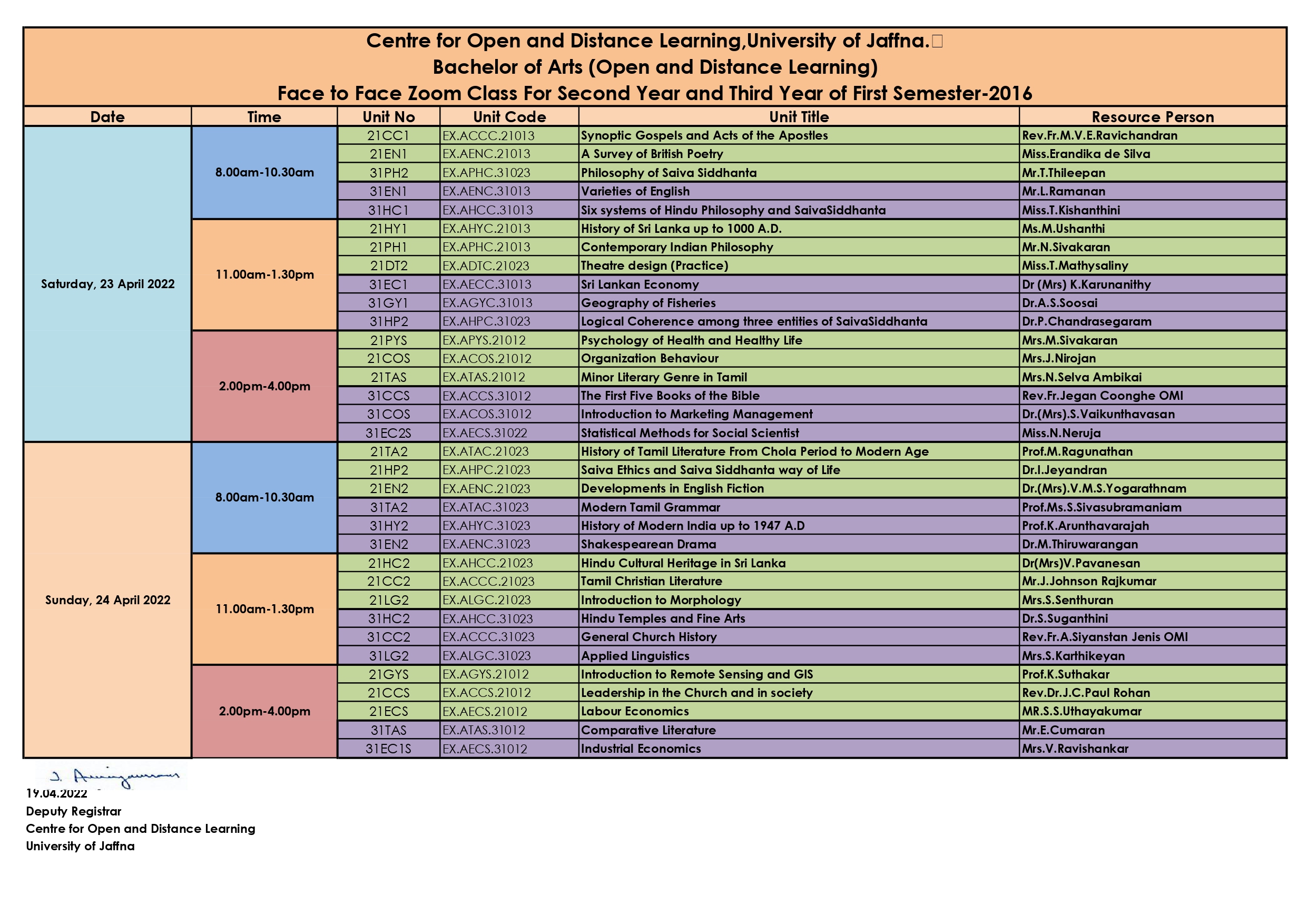 Lms Codl Ba Timetable